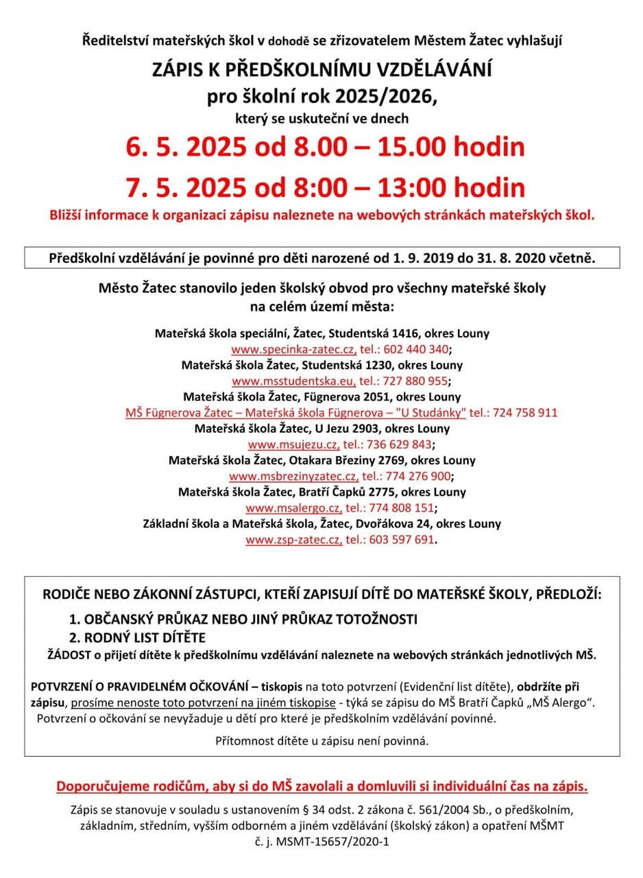 Zápis k předškolnímu vzdělávání pro školní rok 2025/2026